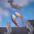 Gold angel wing brooch with 'ANGEL' text overlay on a blue and gray gradient background